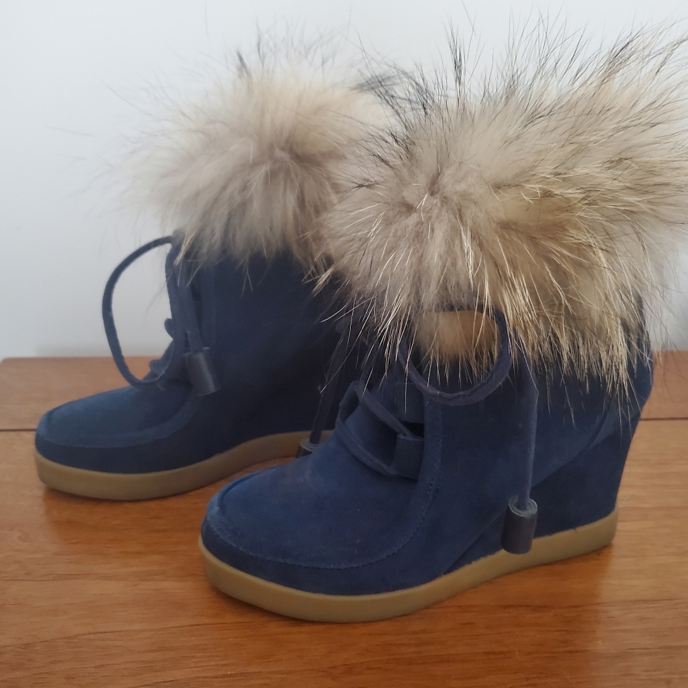 CECELIA NEW YORK Blue Heeled Boots with Fur Trim